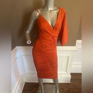 JLUXLABEL Vibrant Orange One-Shoulder Midi Dress